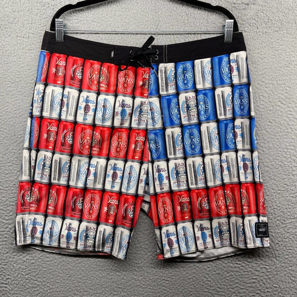 Vans Mens Swim Short Multicolor Mid Rise Beer Can Drawstring Pull On Size 34